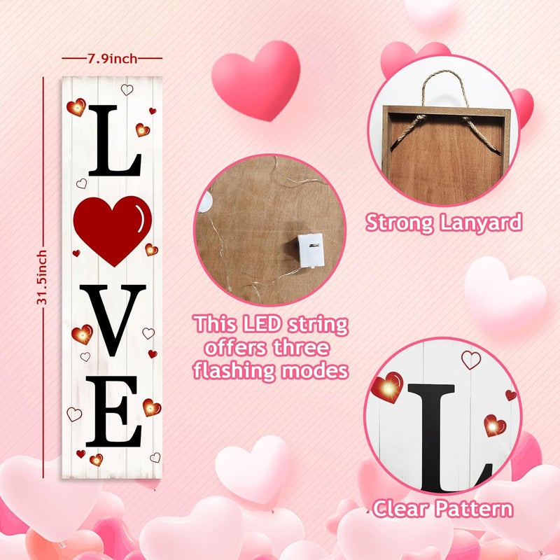 PEROUU Lighted Wooden Love Sign, Rustic Valentine’s Day Porch Sign for Front Door Decorations, Valentines Love Decor Home Hanging Signs Wall Sign 31.5"H - Image 3